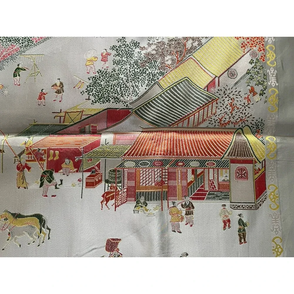 Vtg Chinese Embroidered Satin Tablecloth Pagoda Palace Scene 84x58 Sage Green